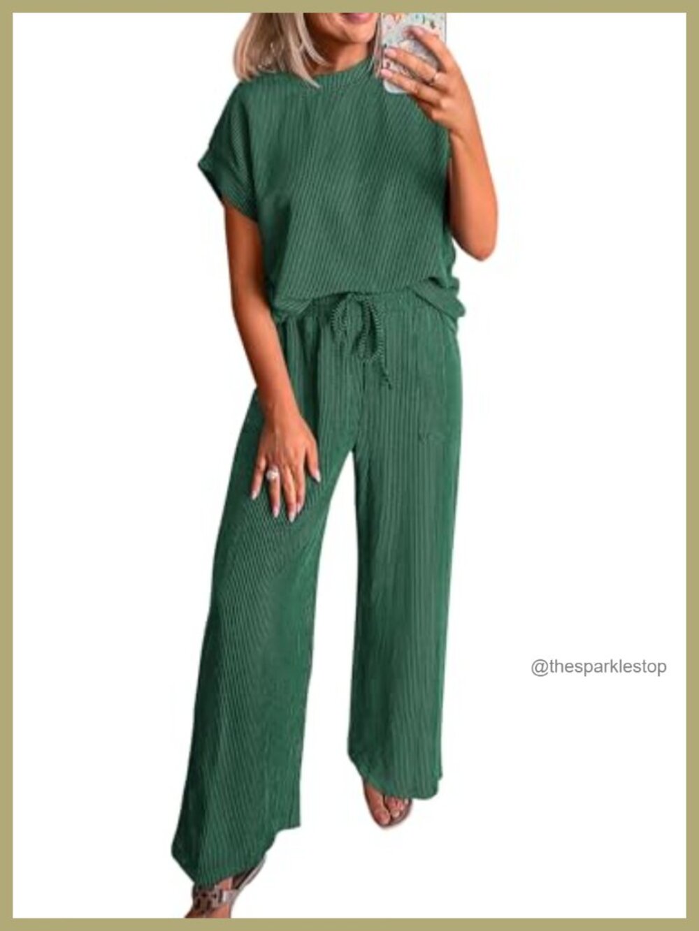 2 Piece Lounge Set Ribbed Knit Short Sleeve Top Wide Leg Pants